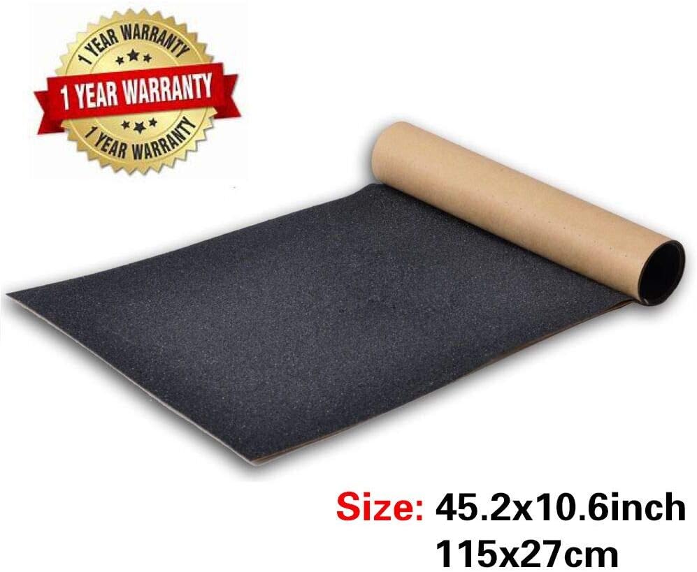 BooTaa Skateboard Grip Tape Sheet,45.2x10.6 inch, Bubble Free, Waterproof, Longboard Griptape, Black Scooter Grip Tape, Sandpaper for Rollerboard, Stairs, Gun, Pedal, Pistol,Wheelchair, Step(115x27cm)