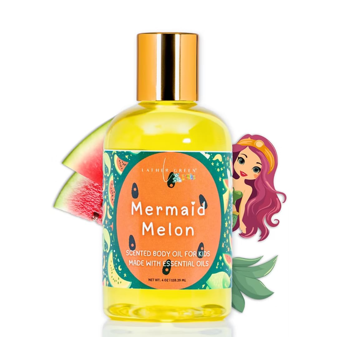 Lather Green - Mermaid Melon Kids Body Oil, Lightweight Moisturizer with Jojoba Oil, Naturally Scented, Non-Greasy, Paraben-Free, Gentle Hydration for Delicate Skin, 4 oz