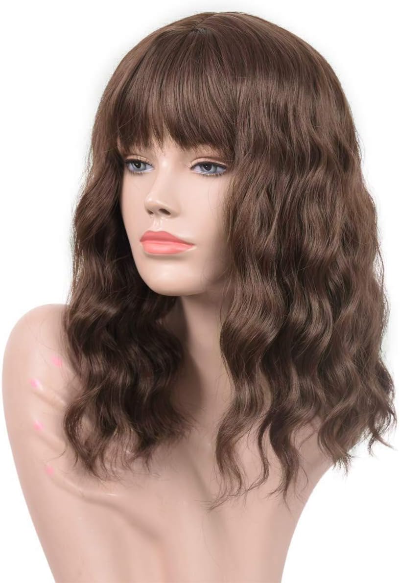 Goodly Dark Brown Short Wigs with Air Bangs for Black White Women Natural Healthy Brunette Brown Curly Wavy Womens Synthetic Wigs 14 Inch Medium Length Brown Bob Wig with Bangs