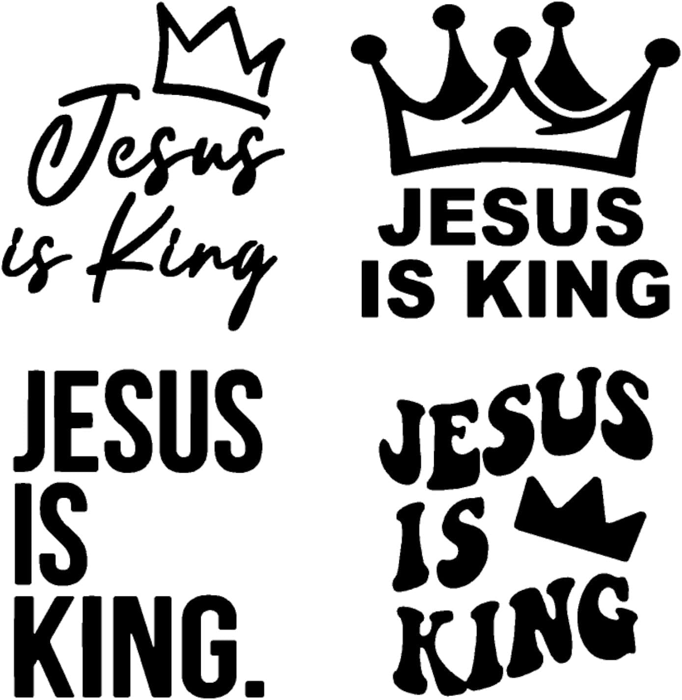 Jesus is King Decals 4 Pack: Jesus Crown, Cursive Decals (Black, Small 3.5")
