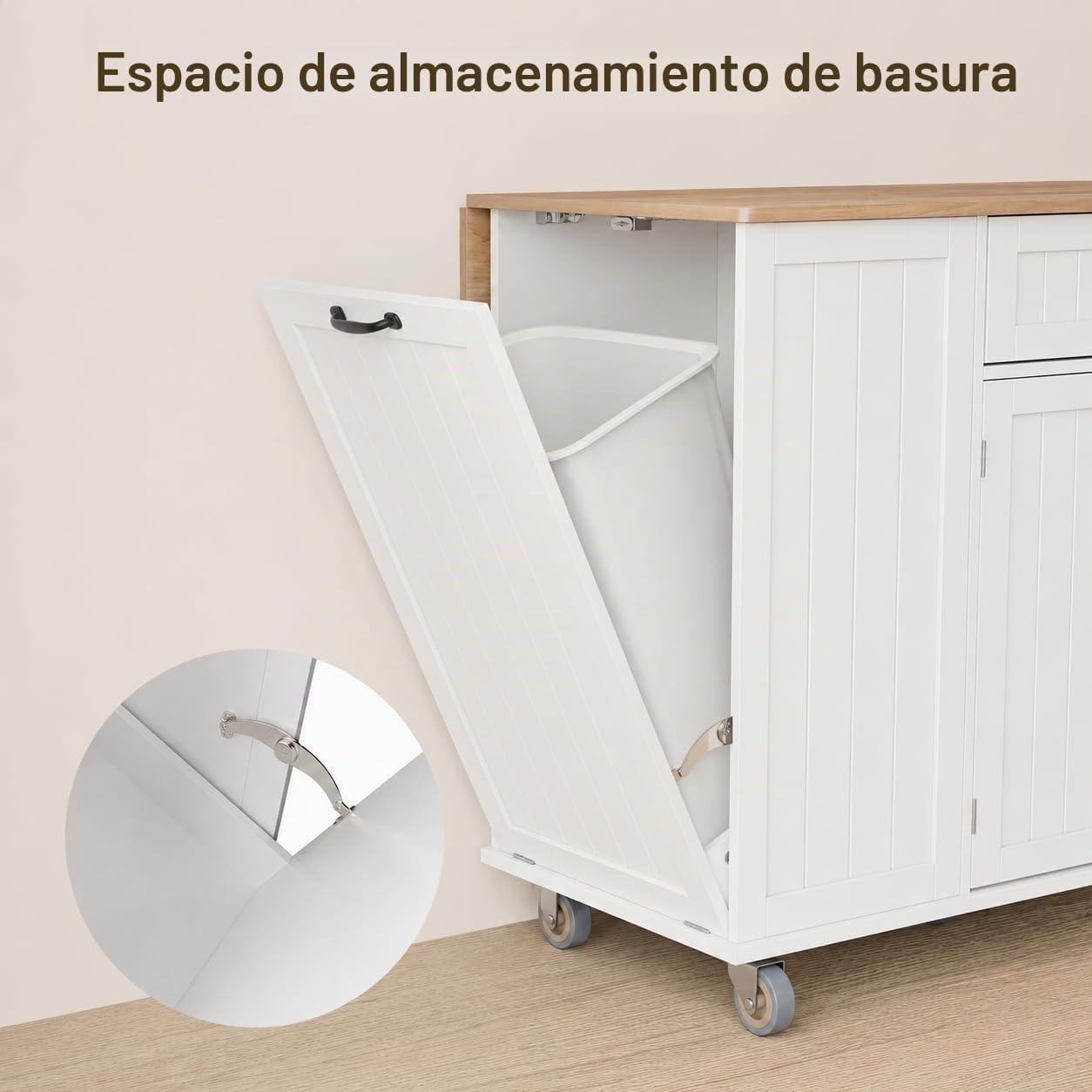 Xbro Isla Cocina con Tablero Plegable y Ruedas, Carrito de Cocina con Cajón, Armario de Basura, Portacuchillos y Toallero, Armario de Cocina, 113 x 51 x 90 cm, Blanco