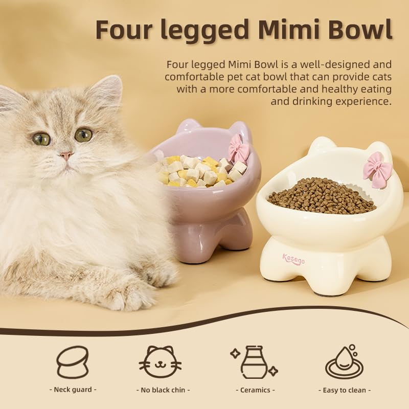 Kesago Elevated Neck Protection Cat Bowl .Cute cat Shape .Send a Bow DIY. Neck Protection to Prevent Vomiting (Keep Away from Black Chin) (Milk Yellow)