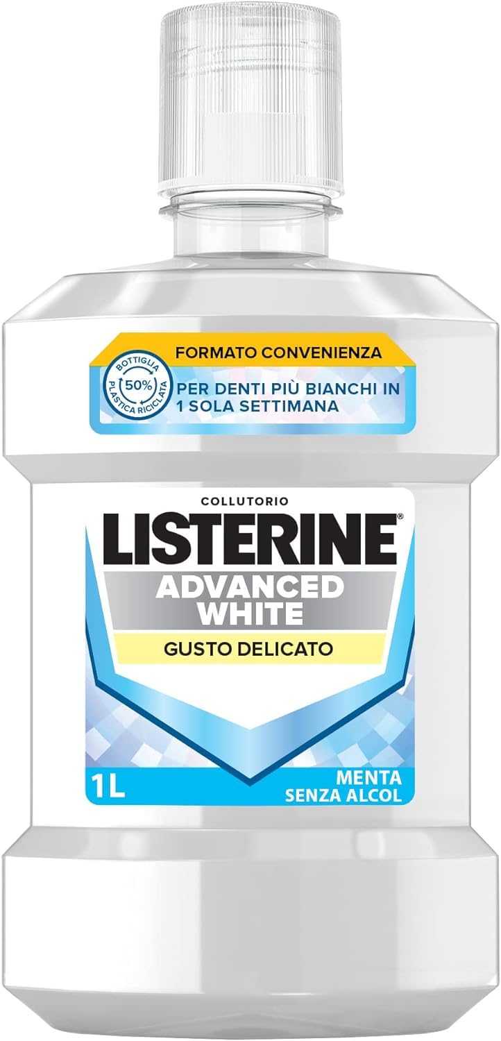 LISTERINE Collutorio Advanced White, Collutorio sbiancante al gusto delicato di Menta, Collutorio senza alcool per denti bianchi e un'igiene orale completa, 1L