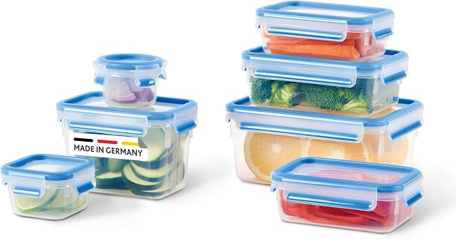 EMSA Clip & Close Frischhaltedosen, Vorratsdosen, Auslaufsicher, Hygienisch, 7-teiliges Set, N1031600, Transparent / Blau
