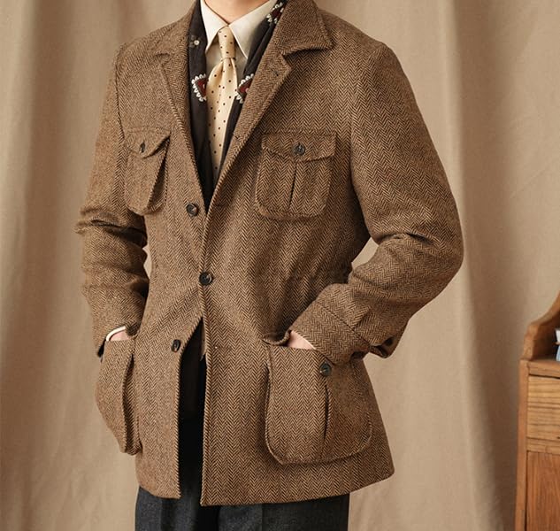Men's Herringbone Tweed Safari Jacket Classic Blazer Wool Suit Commuter Business2