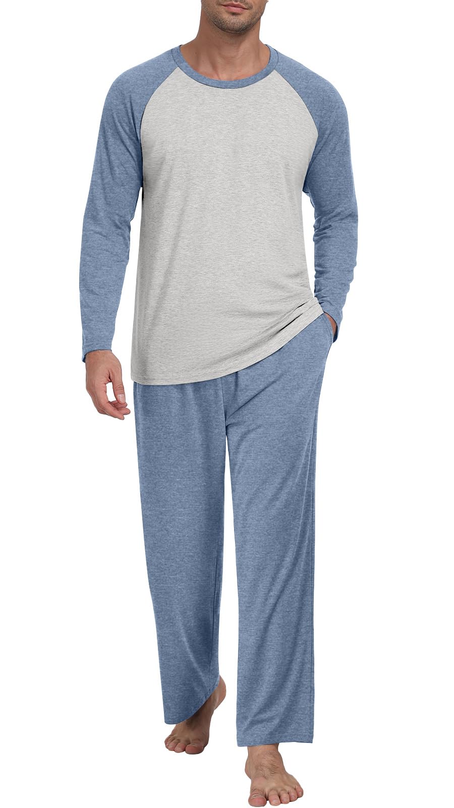 Men's Pajamas Set Sleepwear Pjs Lightweight Long Sleeve Pjs Soft Comfy Sleep Sets with Pockets-image-7