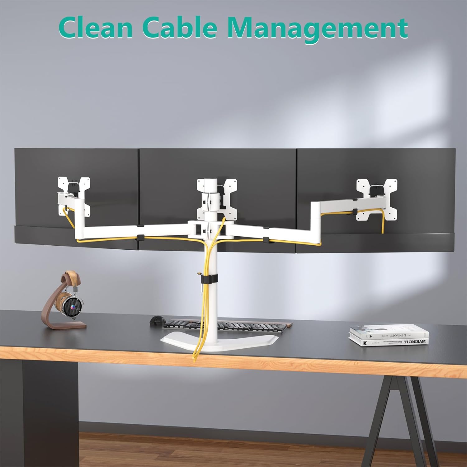 WALI Triple Monitor Stand, Free Standing Three LCD Monitor Fully Adjustable Desk Mount Fits 3 Screens up to 27 inch, 22 lbs Weight Capacity per Arm (MF003-W), White