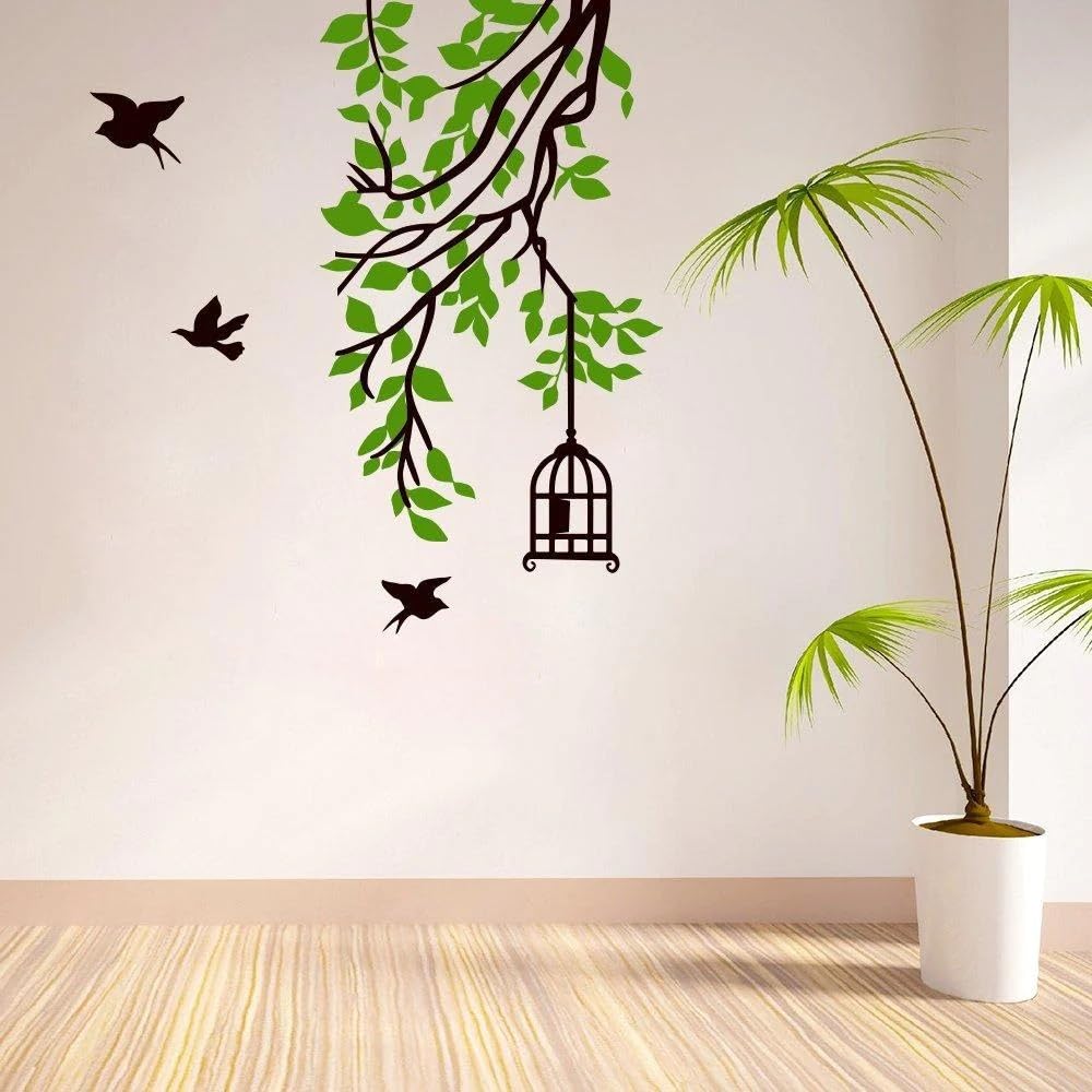 INKFENCE Wall Decals  Green Leaf with Birds Cage and Nest  Self Adhesive Sticker 92x83 cm (Pack of 1) (B0D34XDLXX) Amazon Price History, Amazon Price Tracker