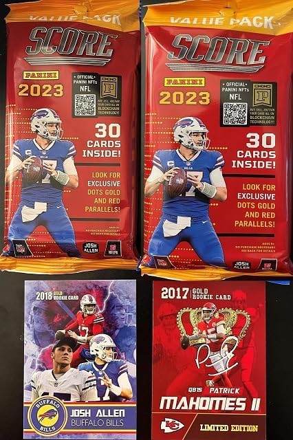 NEW 2022 Panini SCORE Football Card FACTORY SEALED FAT Pack w 40 Total Cards - Plus Novelty Patrick Mahomes Card Pictured
