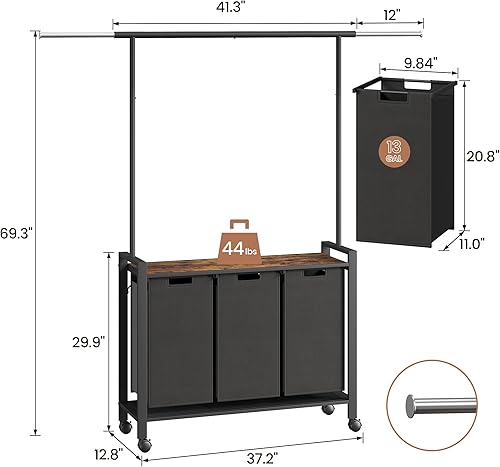 Miniatura 8 de GAOMON Clasificador de ropa sucia, cesta de lavandería de 3 secciones con estante para colgar, carrito de lavandería con ruedas, cesta extraíble y