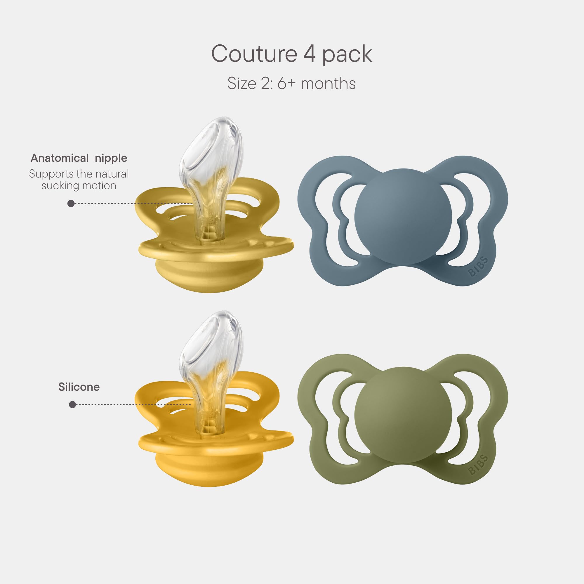BIBS Couture Soother 4-Pack, BPA Free Dummy Pacifier, Orthodontic Nipple. Silicone, Size 2 (6-18 Months), Mustard Mix — view 2