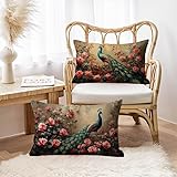 Fundas Cojines Pavo real Rosa Exterior Impermeable Funda Cojin 70x90 cm Juego de 2 con Cremallera Oculta Lino Fundas de Almohada Decorativas, Rectangular Cojines Sofa de Calidad, Home Decor h-302