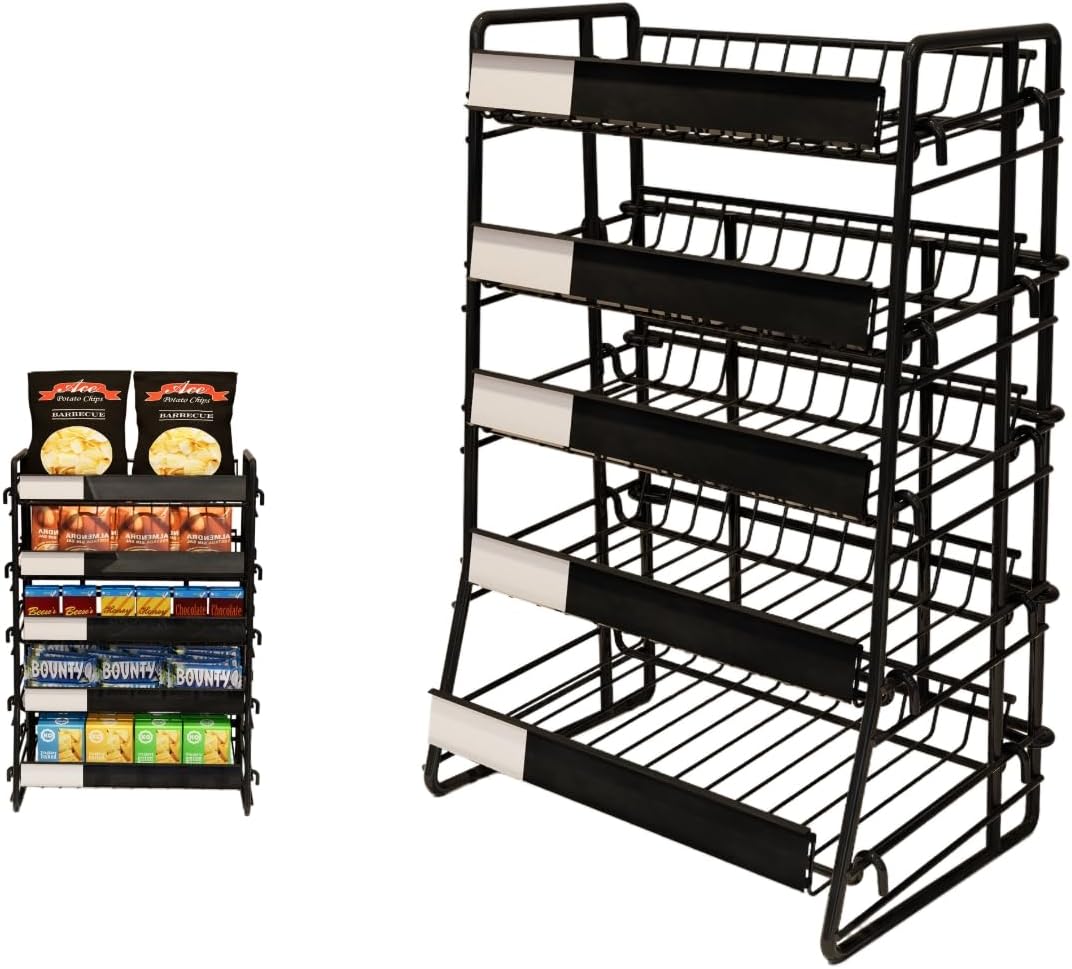 Candy Display Rack Black Snack Rack 5 Tier Metal Snack Organizer for Counter Retail Display Shelf for Store Concession Kitchen