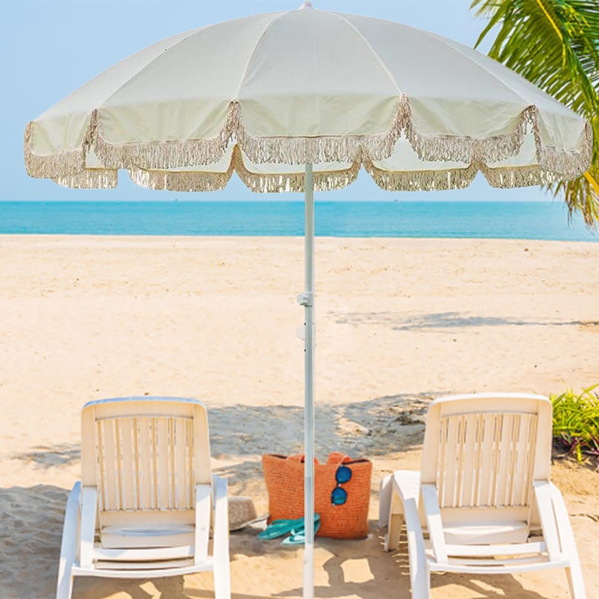 Beżowy parasol z frędzlami, parasole plażowe Boho, parasol ogrodowy Patio z beżowym parasolem z frędzlami, 12 wytrzymałych żeber, do basenu ogrodowego (bez podstawy)