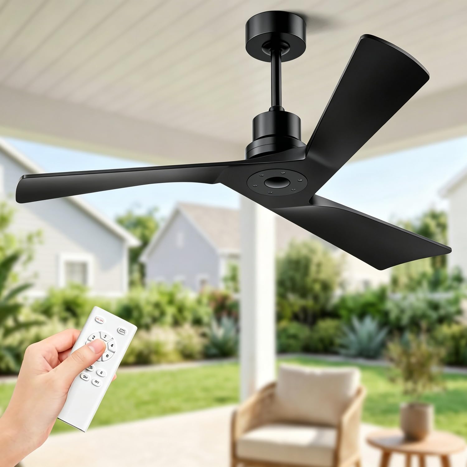 Obabala Ceiling Fan 52 Inch with Remote, Solid Wood Blades DC Motor 5000 CFM Quiet 35dB, Reversible 6 Speed Modern Farmhouse for Bedroom Living Room Indoor Outdoor, No Light with Downrod