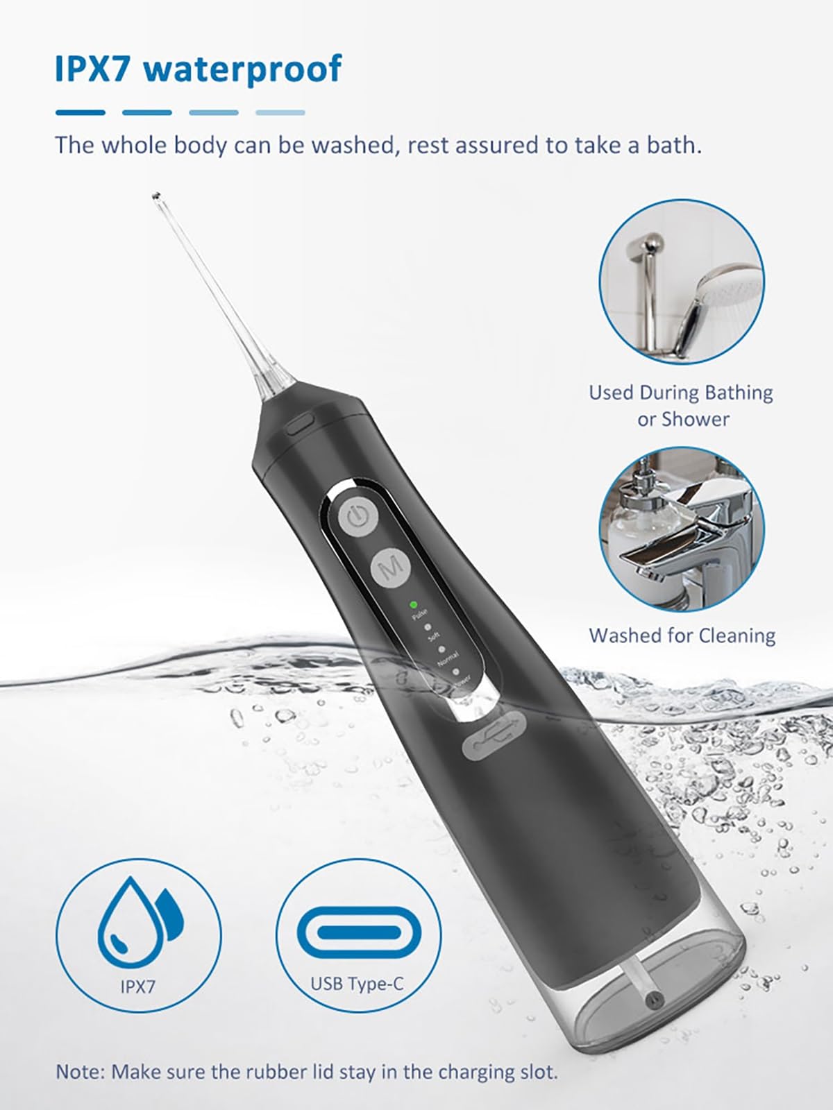 Detergente Portatile Ricaricabile Tramite USB-c for Denti, Ideale for Viaggi a Casa, Apparecchi Ortodontici e Cura dei Ponti. Grado di Impermeabilità Ipx7