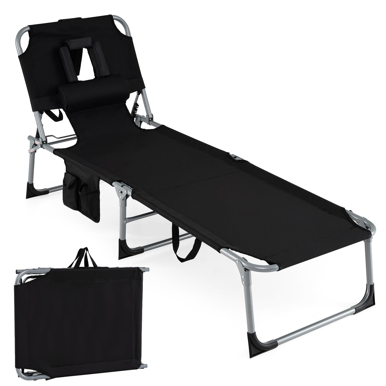 Multigot Folding Sun Lounger with Face Hole, 4-Position Adjustable Outdoor Chaise Lounge Chair with Storage Pocket and Removable Pillow, Face Down Garden Recliner Chair Sunbed for Patio Beach (Black)