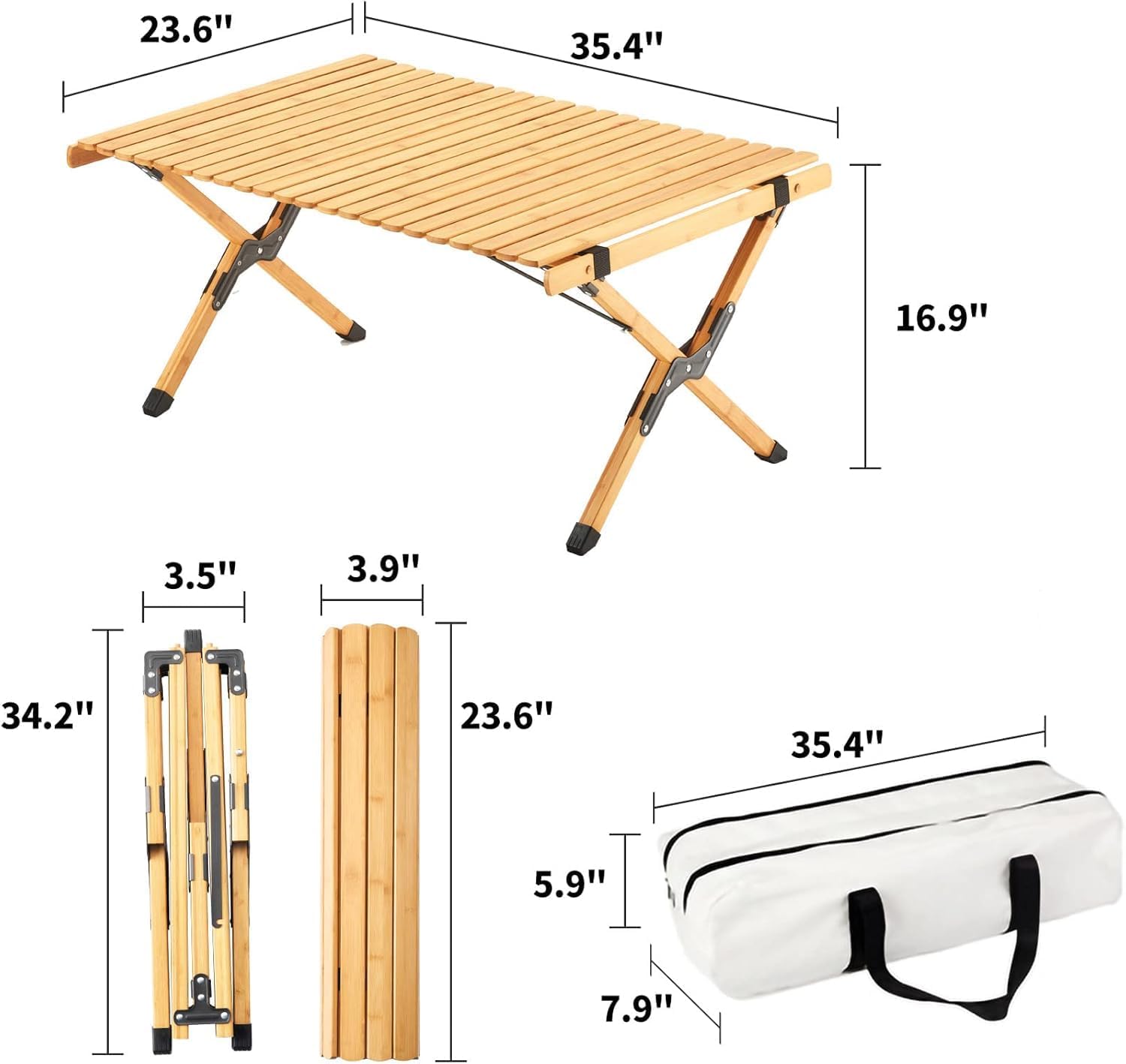 UNICOO –Bamboo Folding Picnic Table, Portable Camping Table W/Carry Bag, Low Height Foldable BBQ Roll Up Table, Beach Table for Indoor & Outdoor Party, BBQ and Hiking (Natural, 3 FT)
