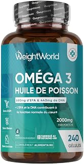 Oméga 3 Huile de Poisson Gélules 2000mg, 240 Gélules pour 4 Mois, avec EPA 660mg & DHA 440mg, Fish Oil Omega 3 sans Odeur, Selon l'EFSA, l'EPA et le DHA Contribuent au Fonctionnement Normal du Cœur