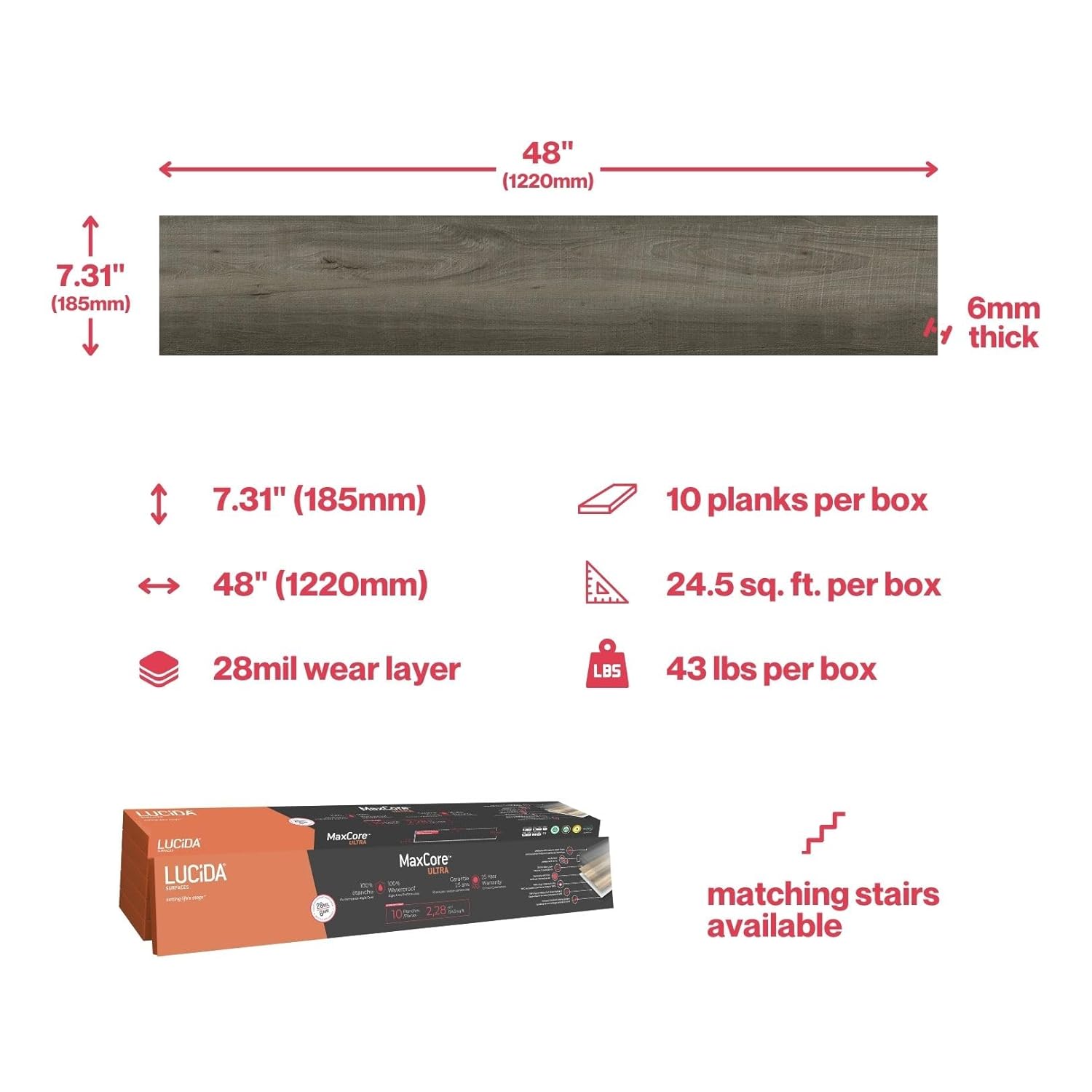 24.5 Sq.Ft. 7 5/16”x48” 10 Piece 6mm Thick 28 Mil Waterproof Interlocking Flooring Luxury Vinyl Plank Flooring | Lucida Surfaces MaxCore Ultra Collection