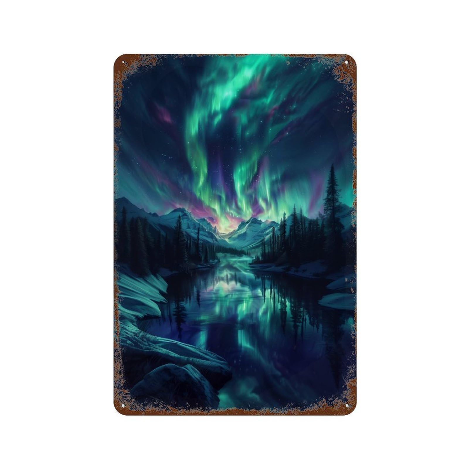 Aurora Borealis Reflections 11.8"x7.9" Weathered Tin Sign, Shabby Chic Decor for Cafe, Home Bar And Lounge Decor