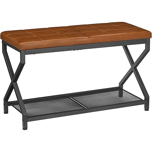 HOOBRO 29.5" L Shoe Bench, Shoe Rack Bench with PU Leather Cushion, Shoe Storage Organizer for Front Door Entrance, 2-Tier Entryway Bench for Small Space, Loads 300 lb, Whiskey Brown CB24HX01