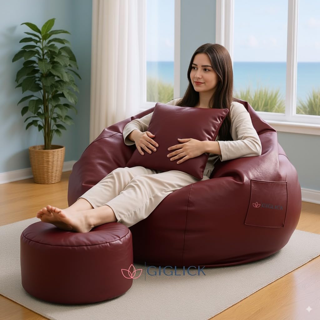 4XL Bean Bag Cover with Foot Stool & Cushion Cover | Premium PVC Leatherette | 6 Months Warranty (Beans Required) Color- (Maroon)-picture-11