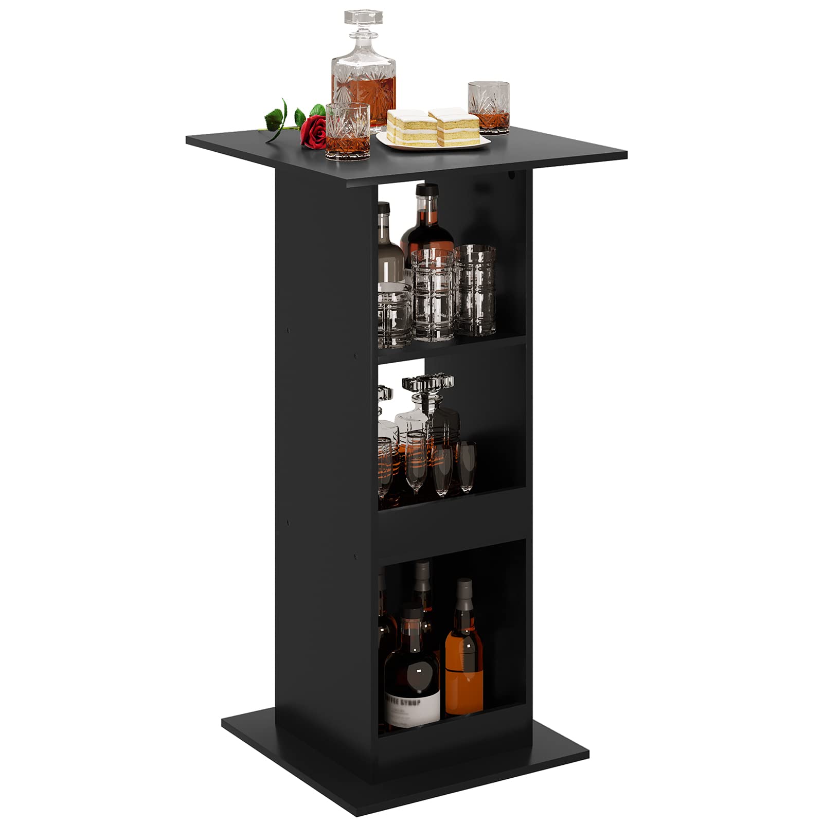 WOLTU Table de Bar Carrée avec 3 Étagères, Petite Table d'Appoint pour Salle à Manger, Cuisine, Salon, en Panneau de Bois d'Ingénerie, Noir, 60x60x109cm