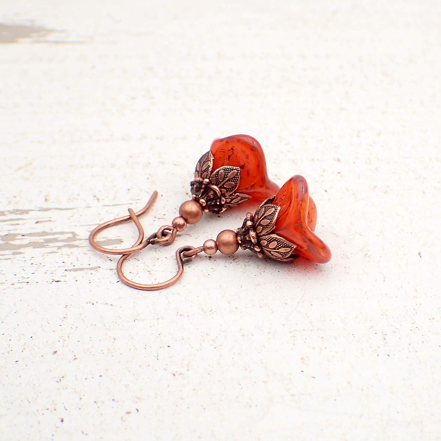 Burnt Orange Czech Glass Flower Earrings