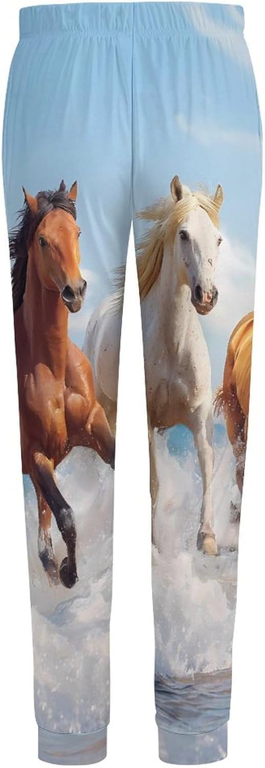 Three Horse Run Gallop in Waves Mens Pajama Pants Soft Lounge Pants Pj Bottoms with Pockets