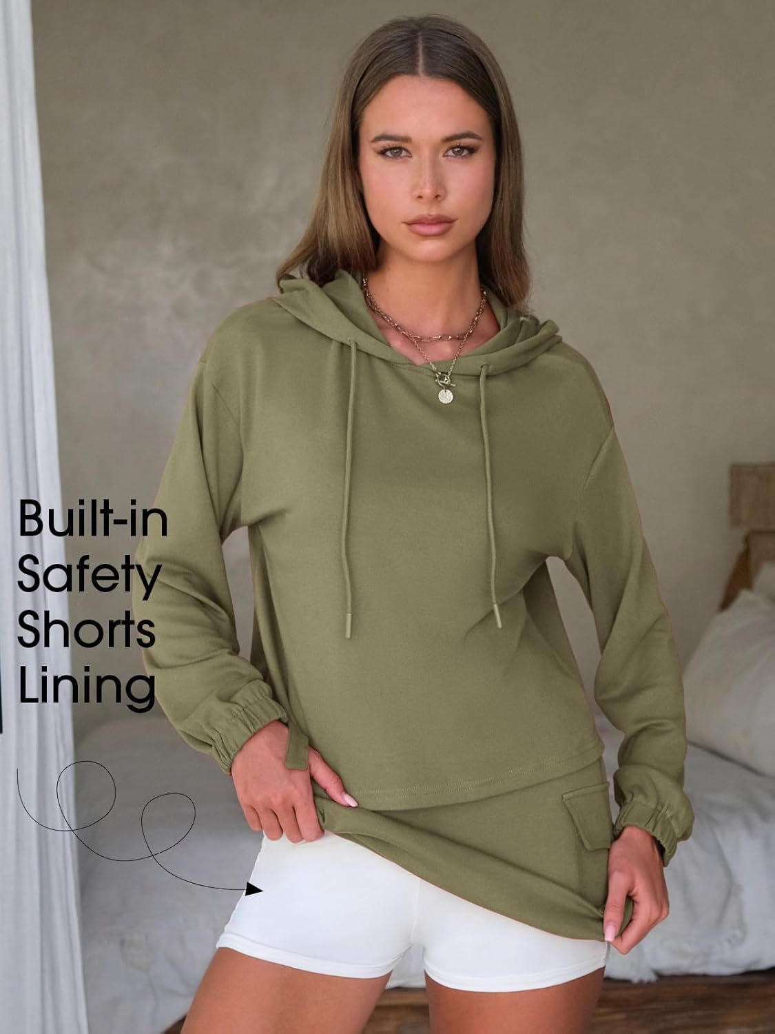 EXLURA Women Two Piece Set Cotton Sweatsuit Travel Airport Outfits 2026 Tracksuit Hooded Sweatshirt Cargo Skort Skirt Pockets - Image 5