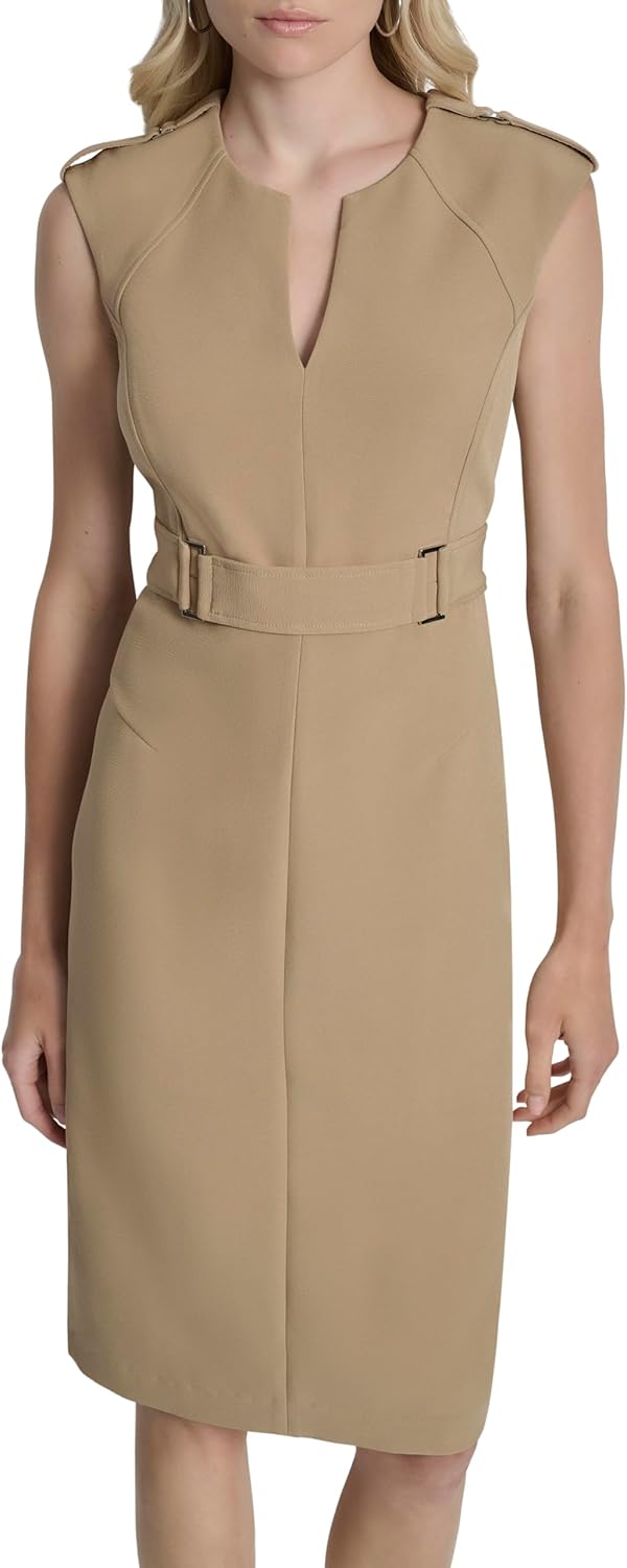 DKNY Women's Sleeveless Jewel Neck Square Ring Trim Midi Dress