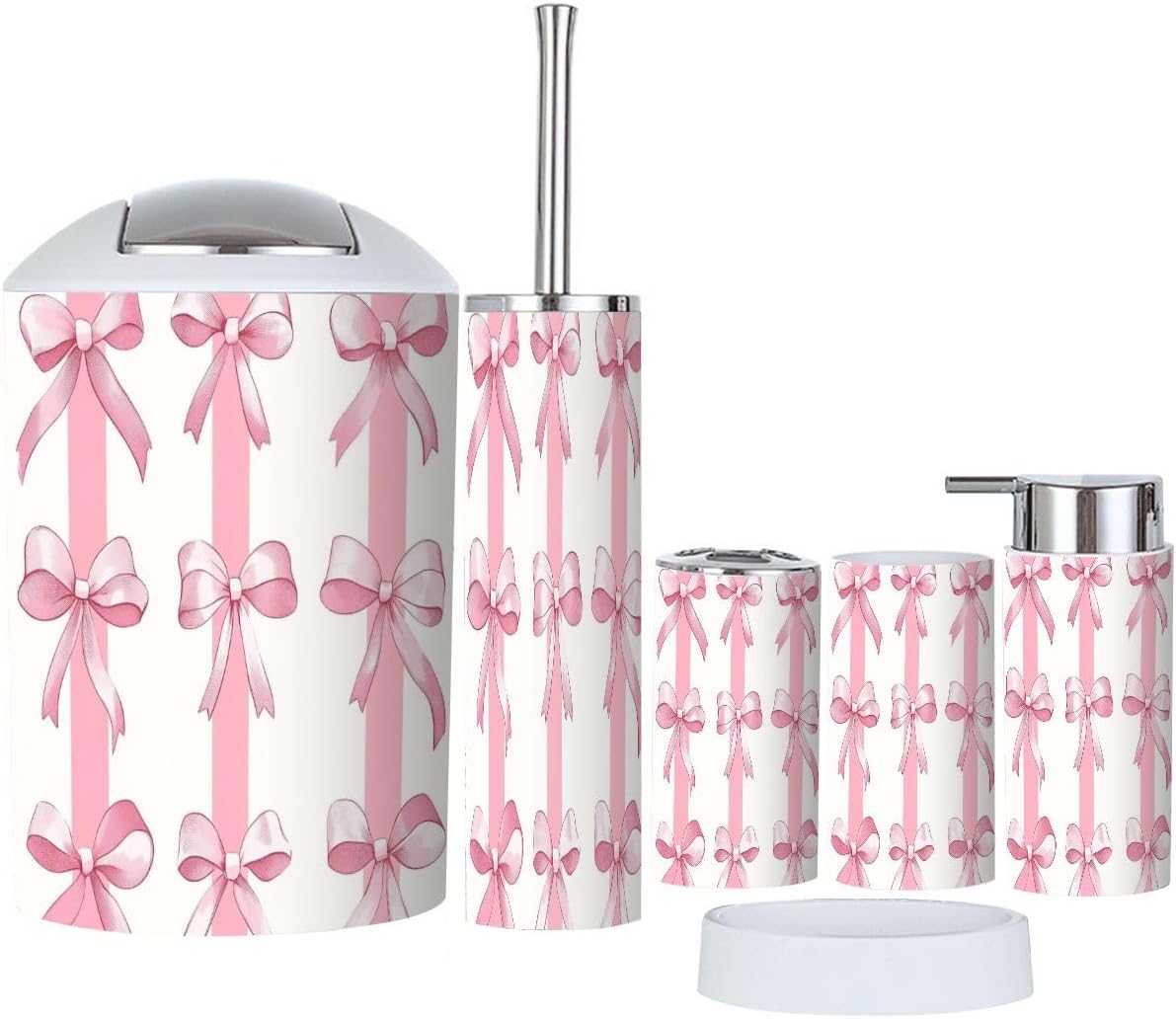 Bathroom Accessory Set 6 Piece Boho Coquette Aesthetic Seamless Pattern Bow Striped White Pink Trendy Trash Can, Toothbrush Holder, Soap Dispenser, Soap Dish, Toothbrush Cup, Toilet Brush Holder