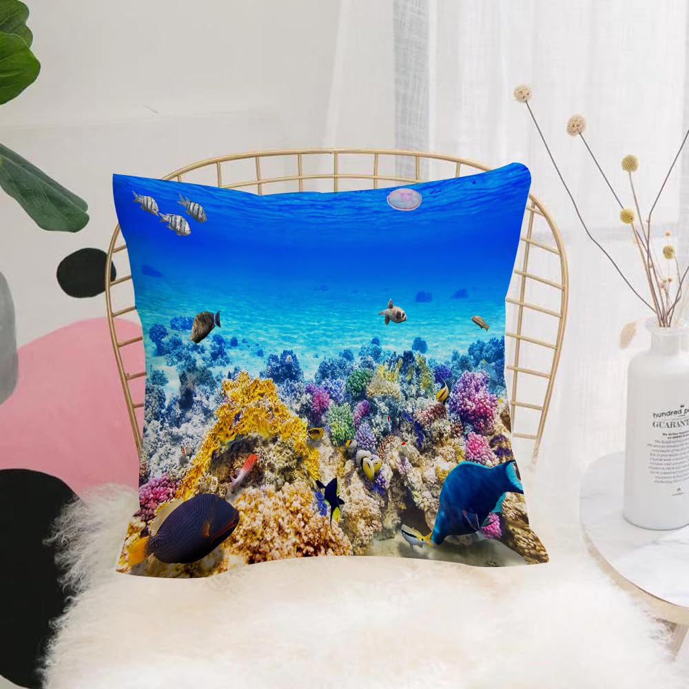 HYOSXW Cushion Cover,Throw Pillow Case Home Decorative for Living Room Bedroom Sofa Chair 16X16 Inch,Fish,Underwater Sea World Scene with Goldfish Starfish and Jellyfish Depth Divi,Pillowcase 40X40cm