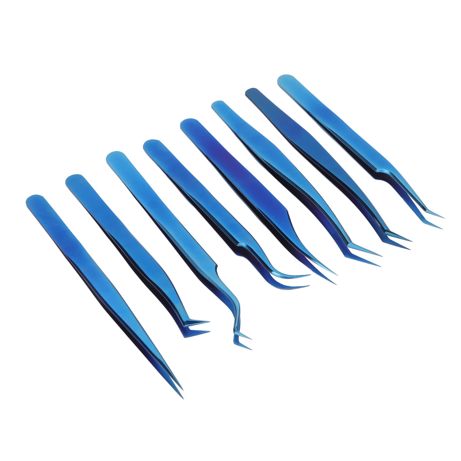 Juego de pinzas de extensión de pestañas, acero inoxidable profesional, titanio azul, 8 piezas, punta fina, diseño ergonómico para artistas de pestañas principiantes