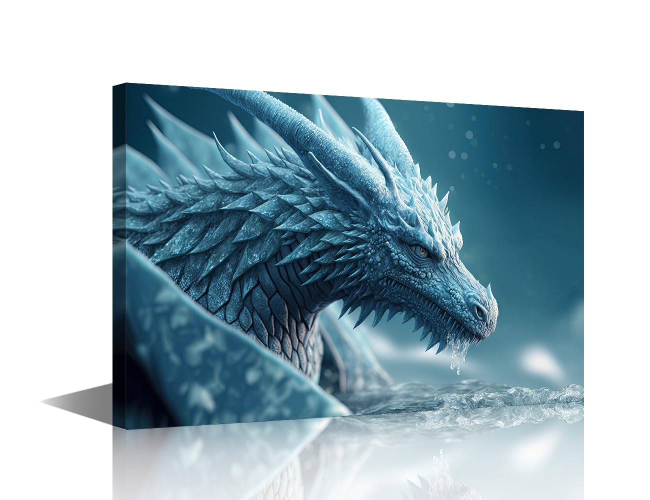 Wall Art for Living Room Blue Dragon Bedroom Wall Decor Ice Dragon Wall Paintings for Office Print On Canvas Medieval Fantasy Modern Artwork Stretched and Framed Ready to Hang, 24x16in