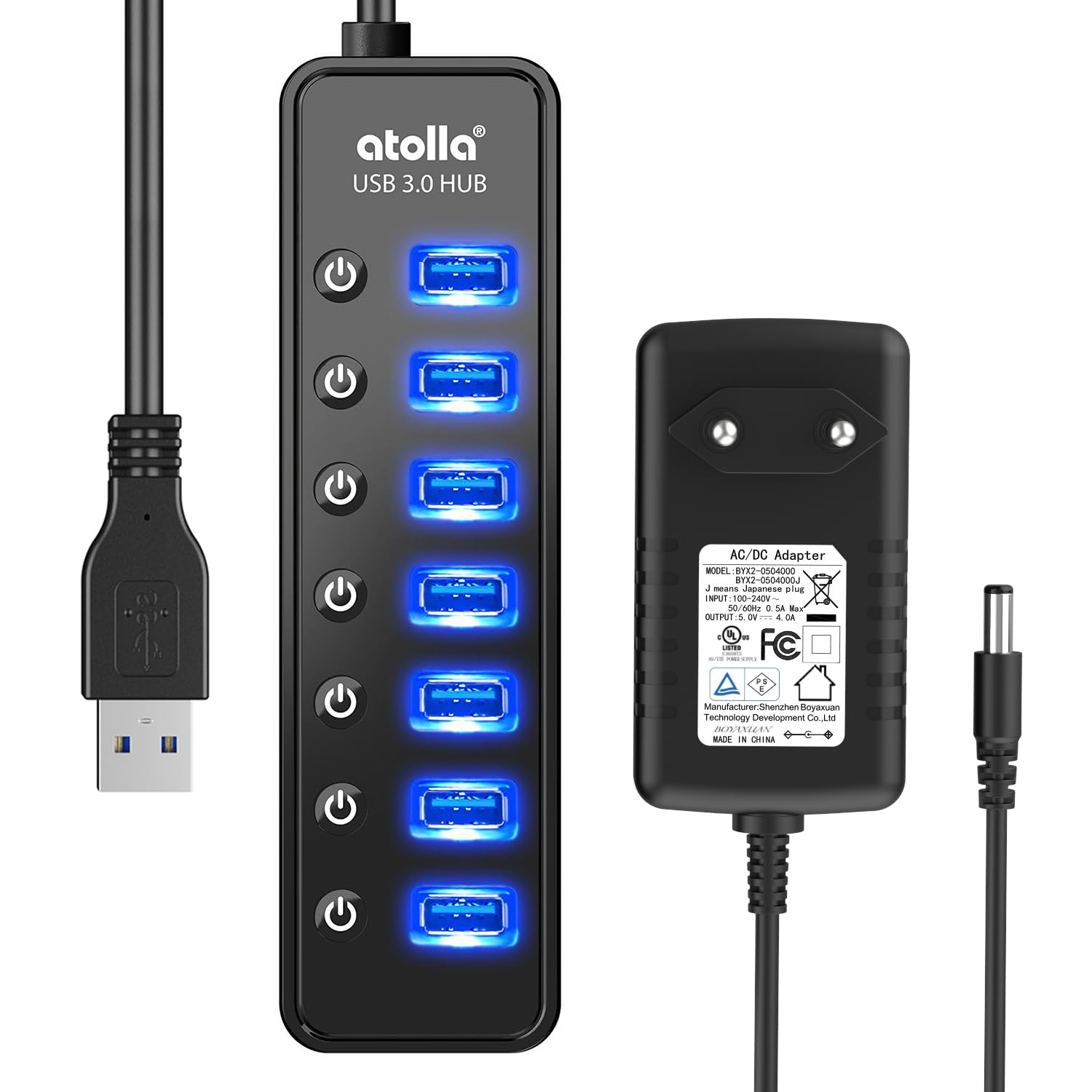 Atolla Hub USB 3.0 actif avec bloc d'alimentation, 7 ports USB 3.0 Hub de données actif avec interrupteur et 1 port de charge intelligent et adaptateur d'alimentation 20 W (5 V/4 A)