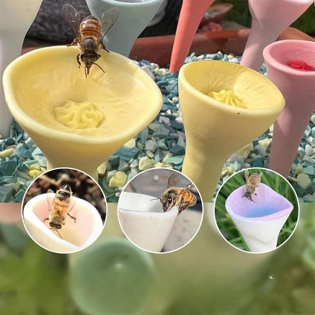 Gobelet à Boire Pour Abeilles - 5 Tasses Colorées En Résine Écologique + Support Bois Pour Jardin