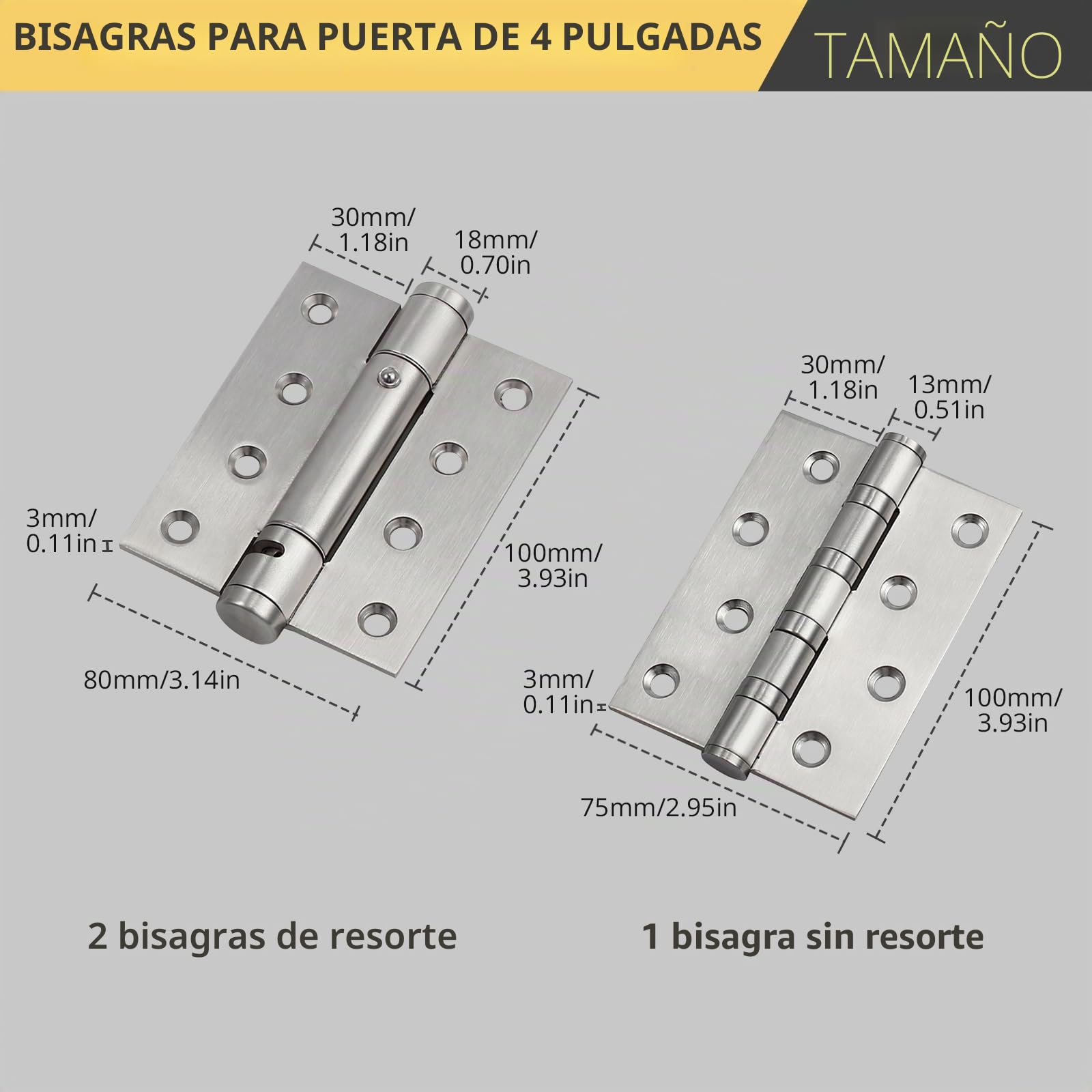 AMTOVL Bisagras para Puerta 4” 3PCs Bisagras de Acero Inoxidable con Resorte Ajustable Soporta Hasta 35KG Bisagras Plegables 100mm x 76mm x 3mm con Tornillos de Montaje para Mueble Puerta de Fuego