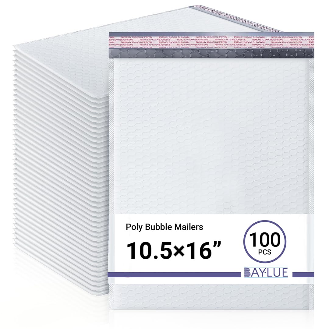 White 10.5x16 Inch Large Poly Bubble Mailers #5 | Padded Envelopes with Self Seal | Air Lined Cushioned Bubble Mailer | Usable Size 10.5x15 | 100 Pack