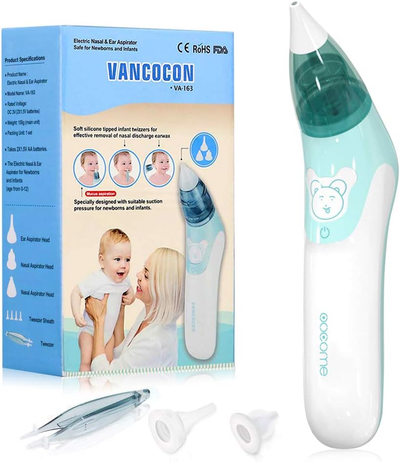 OOCOME Baby Nasal Aspirator-Safe Hygienic Nose Ear Cleaner,Electric Silicone Earwax Removal Tool for Newborns and Infants,Include 2 Sizes of Nose Tip,1 Ear Tip,1 Tweezer,10 Tweezer Tips