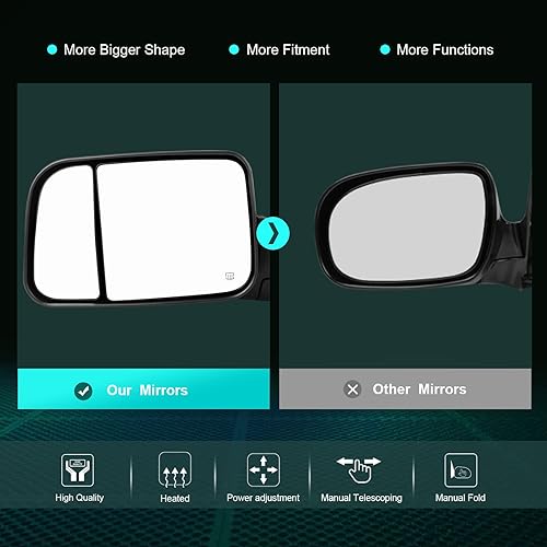 Miniatura 2 de Scitoo par de carcasas para espejos retrovisores plegables con calefacción, en tamaño completo para camioneta y remolque Dodge Ram 1500 del