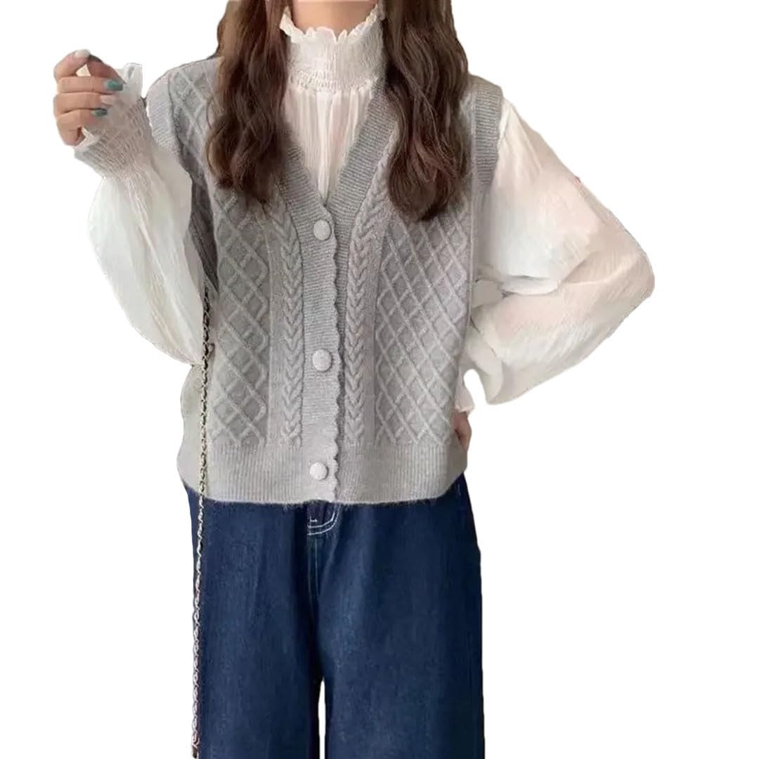 Gilet da donna con bottoni, scollo a V, elegante, lavorato a maglia