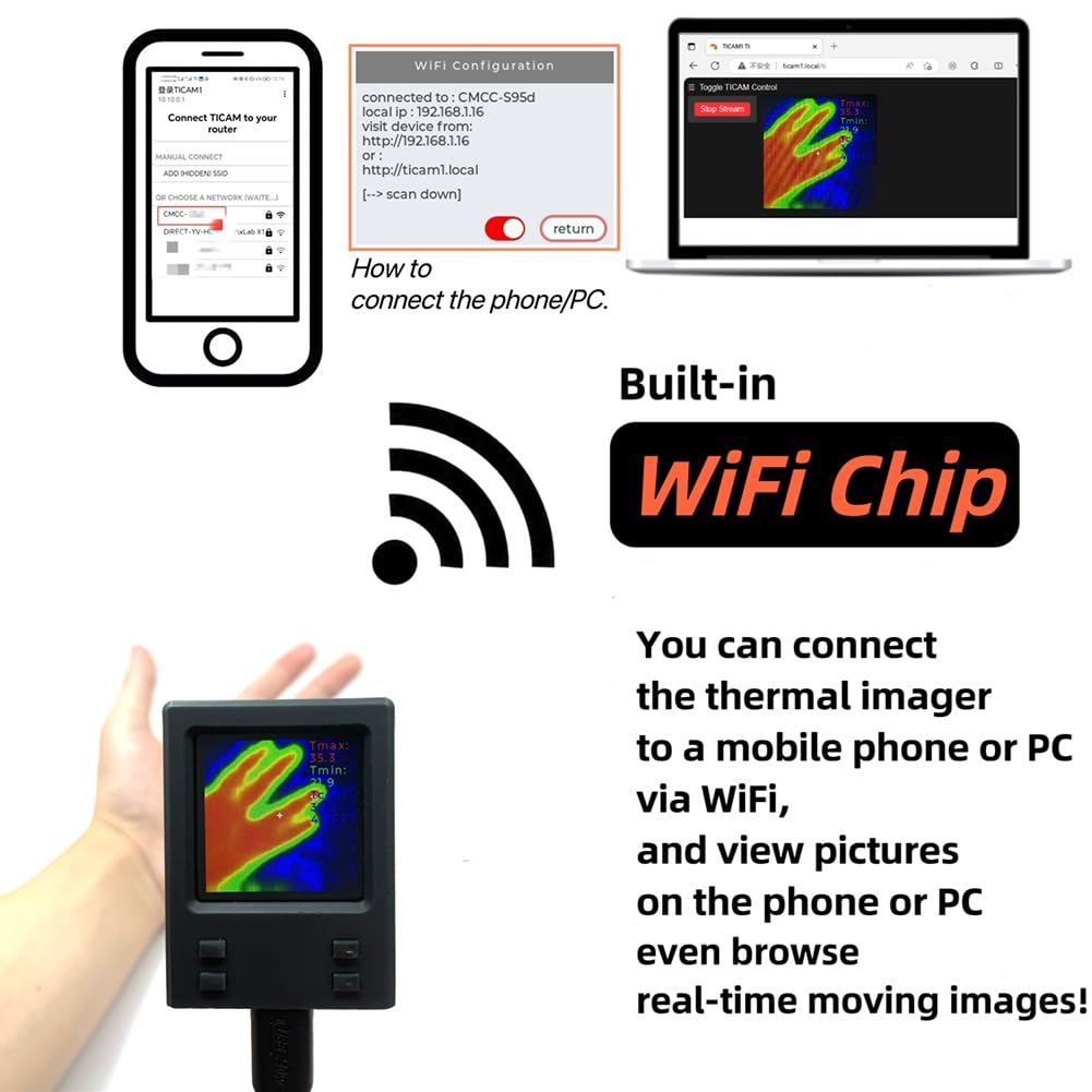 Ręczna kamera termowizyjna na podczerwień z obsługą Wi-Fi 32 x 32 rozdzielczość IR - zakres od 20° C do 1000° C