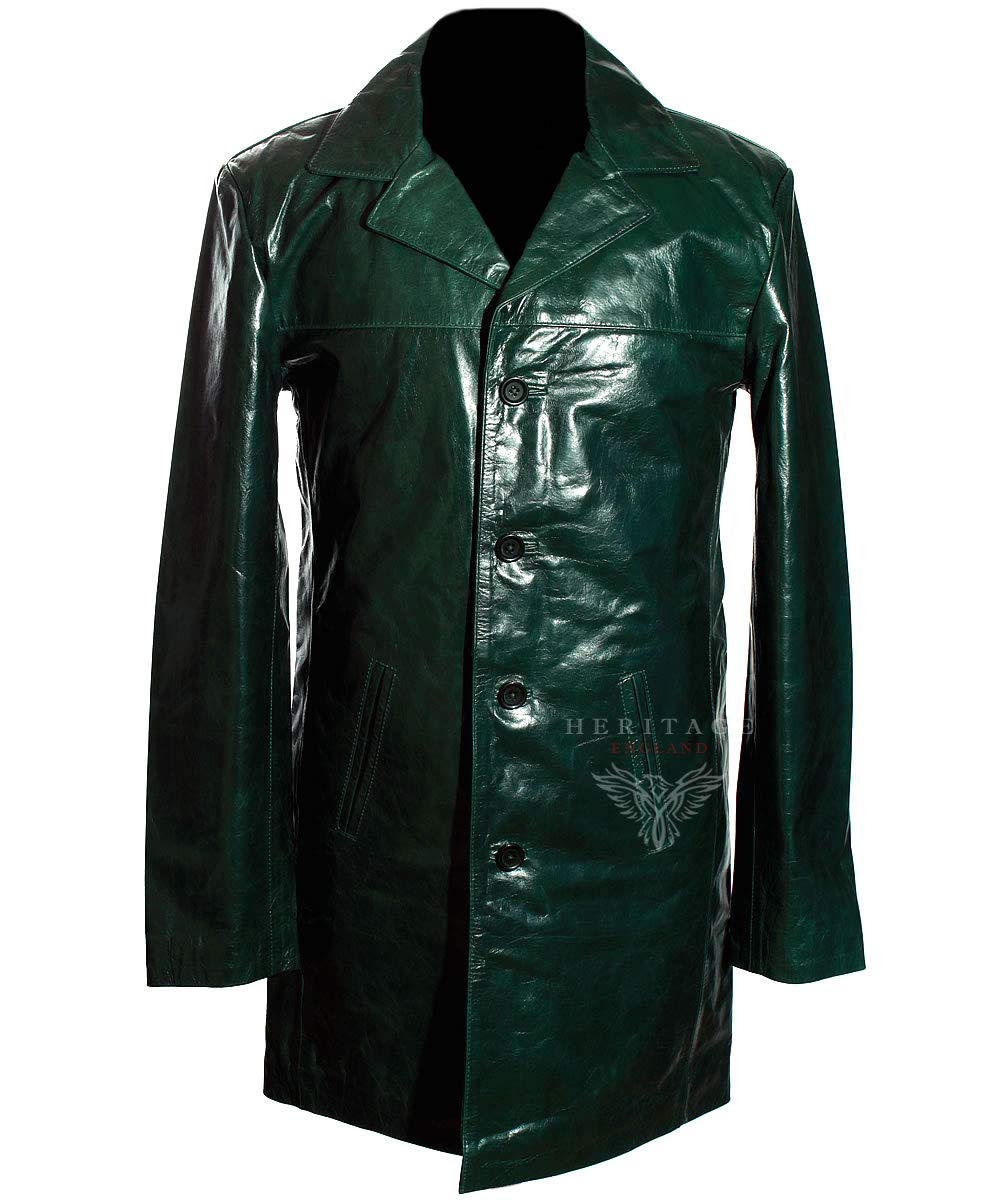 H.e Men's Green Benjamin (S3476l) Classic Smart Casual Knee Length Real Cowhide Glazed Leather Long Blazer Coat (Sizes: Xs To 5XL Available) (L)
