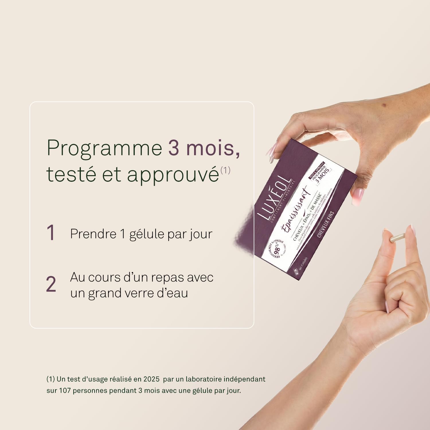 LUXEOL - Complément Alimentaire Epaississant - Cheveux + Epais* - À Base de plantes, peptides de collagène, MSM, acides aminés, Vitamines & Minéraux - Fabriqué en France - 90 gélules (= 90 jours)