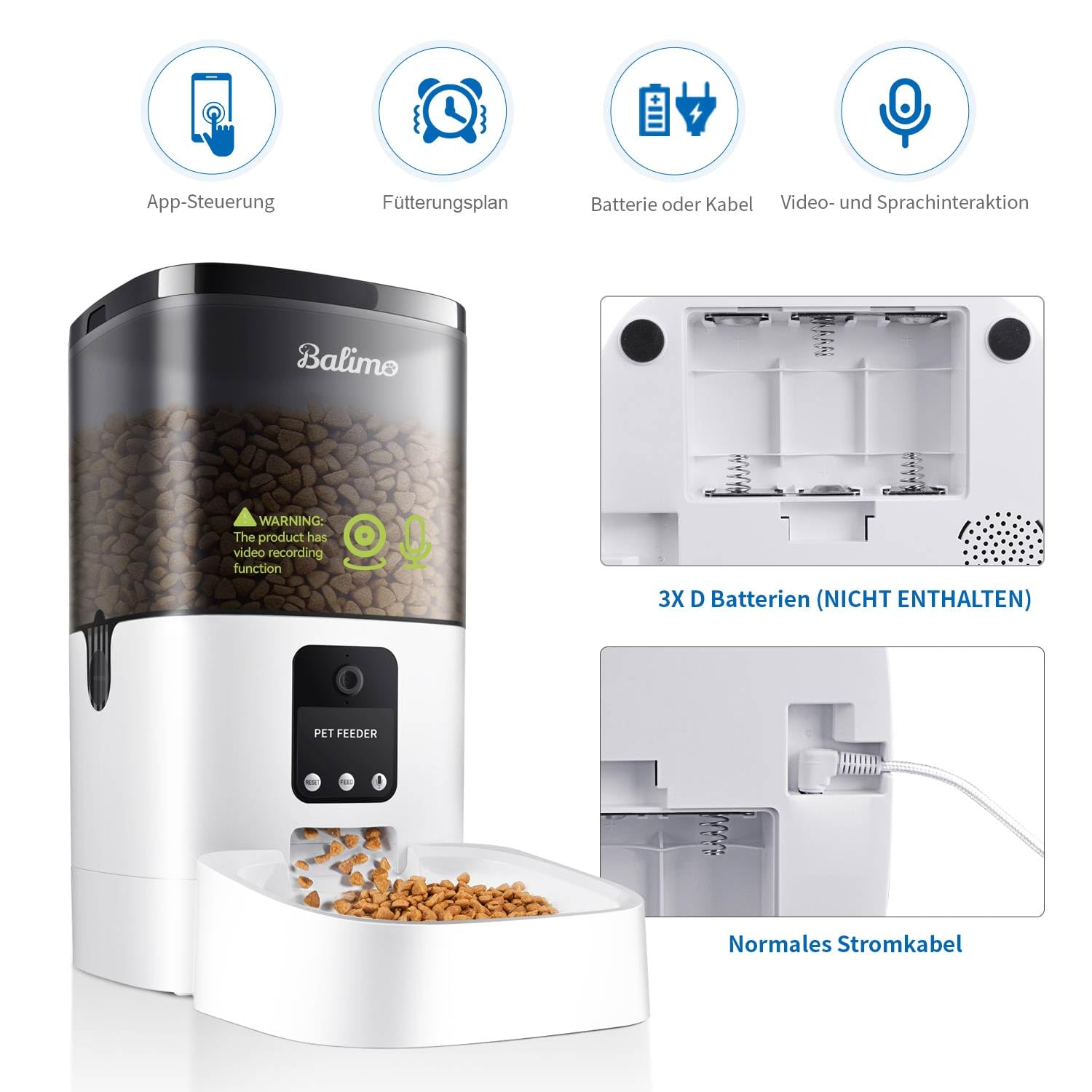 Balimo Distributore Automatico Cibo Gatti con Telecamera 1080P, 2.4G WiFi Dispenser Crocchette Gatto, 4L Distributore Automatico Cibo Cani con APP Video Audio Visione, Da 1 a 8 pasti al giorno