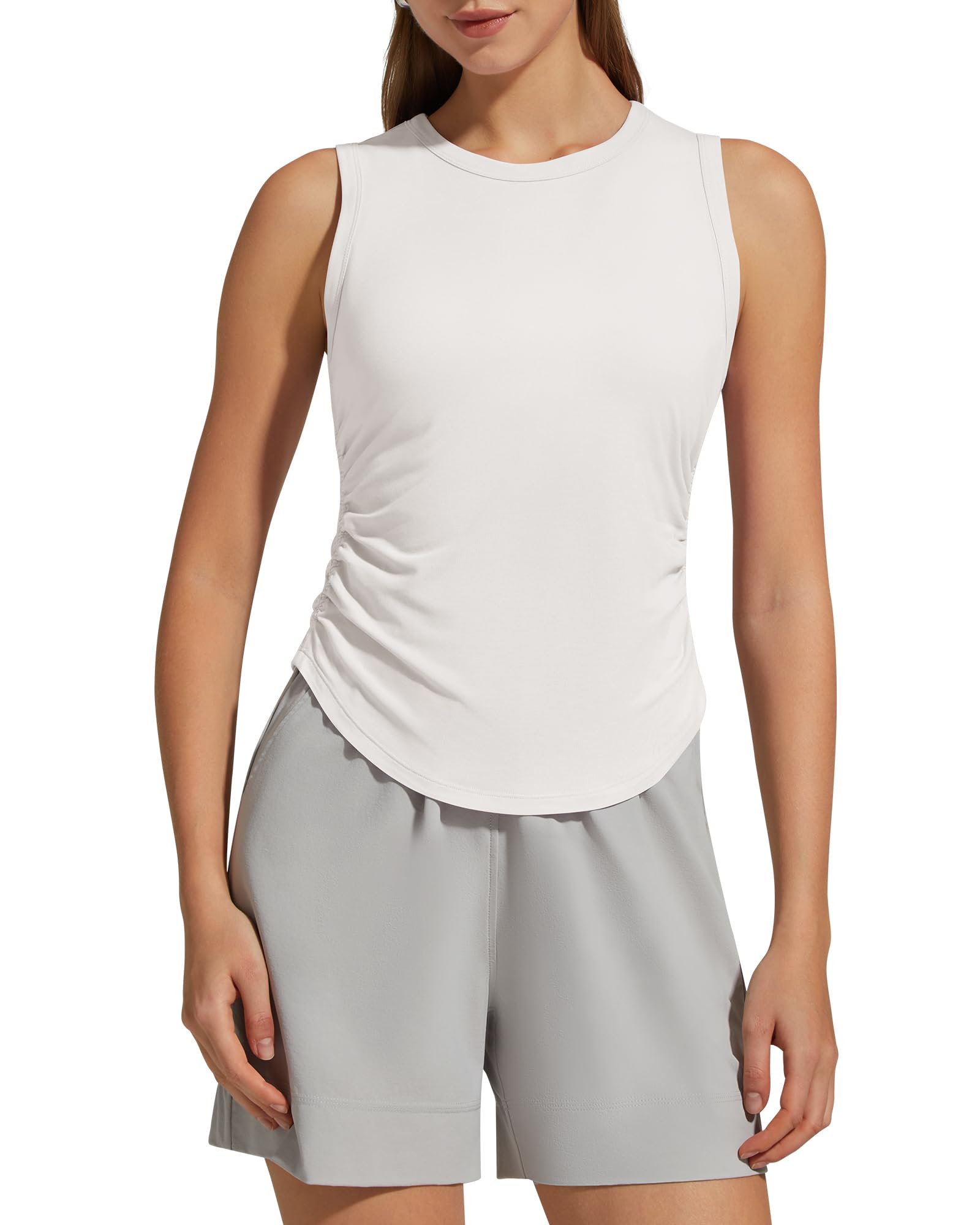 G4Free Lyocell Ruched Side Workout Tank Tops Woman High Neck Waist Length Gym Tanks Soft Relaxed Fit for