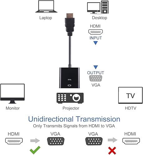 Miniatura 3 de DTOL HDMI a VGA, adaptador HDMI a VGA chapado en oro (hombre a hembra) para computadora, computadora de escritorio, laptop, PC, monitor, proyector,