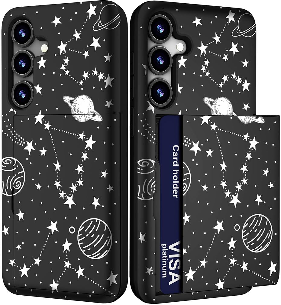 IWONE Compatible with Samsung Galaxy S23 Case Cute with Card Holder/Shockproof Slim Slot Wallet Phone Cover for Women/White Stars Universe Planets